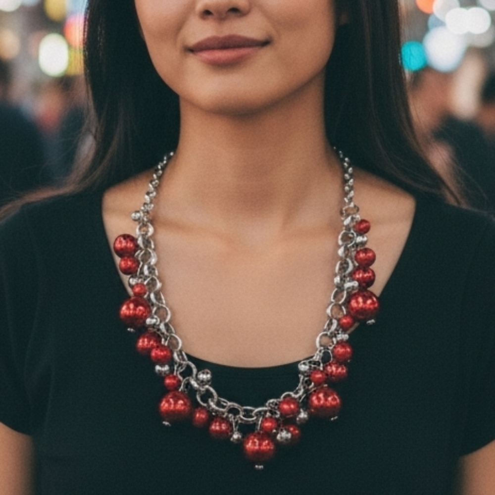 Paparazzi Red & Silver Necklace & Earring Set
